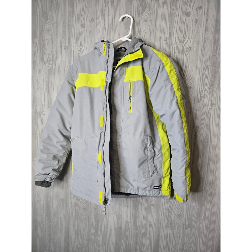 Lands End Squall Jacket Kids L 14-16 Winter Parka Grow-A-Longs Grey Neon Yellow